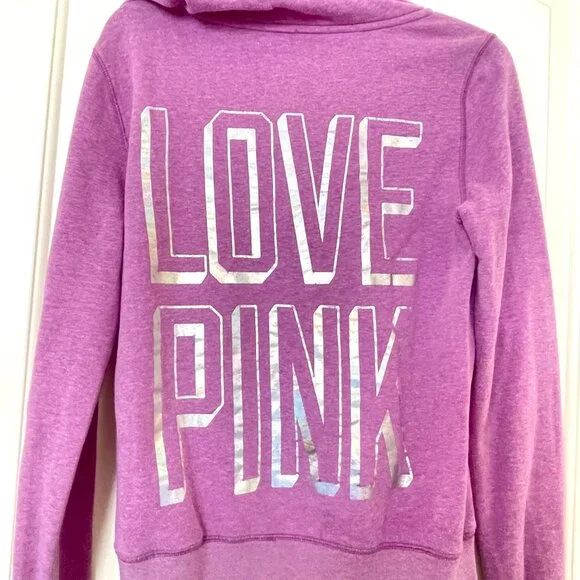 Victoria's Secret Hoodie Medium Love Pink Purple Silver Full Zip Sweatshirt - Picture 3 of 7